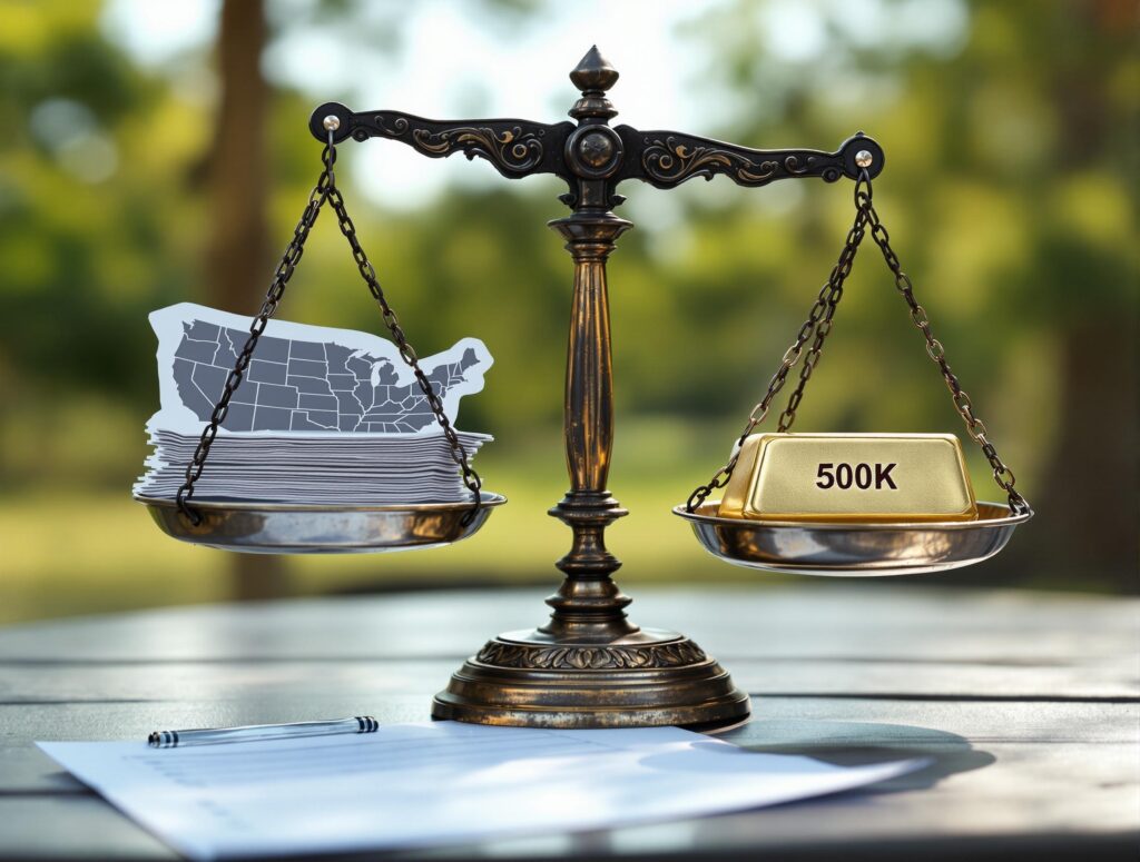 A balance scale weighing symbolic U.S. states against a revenue milestone, illustrating the concept of economic nexus for sales tax.
