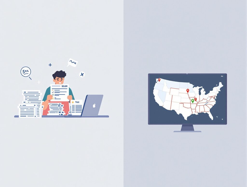 Side-by-side image of over-registration stress versus strategic state registration for sales tax efficiency.
