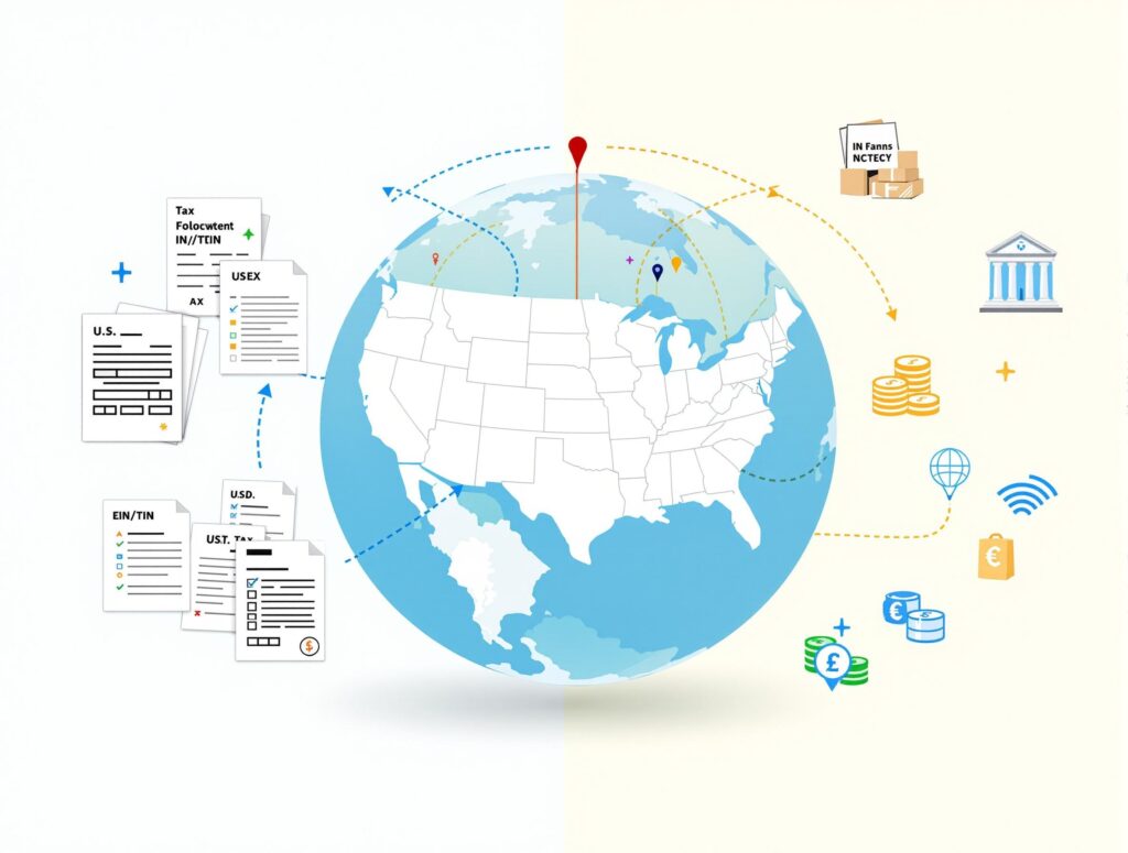 Illustration showing international eCommerce seller navigating U.S. tax compliance, banking, and documentation.
