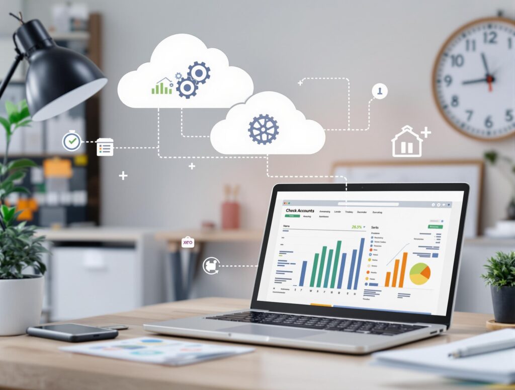 Digital accounting tools and automation icons representing streamlined tax compliance through software integration.