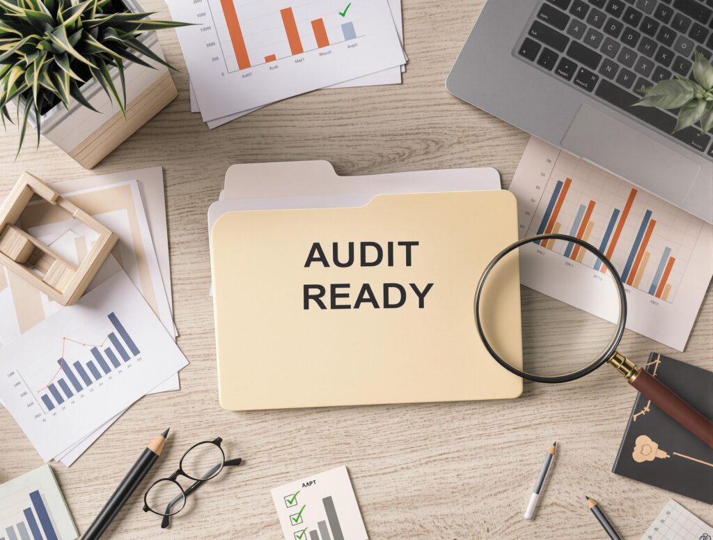Visual of an audit-ready digital file with compliance checklists and analysis tools, symbolizing tax audit preparedness.