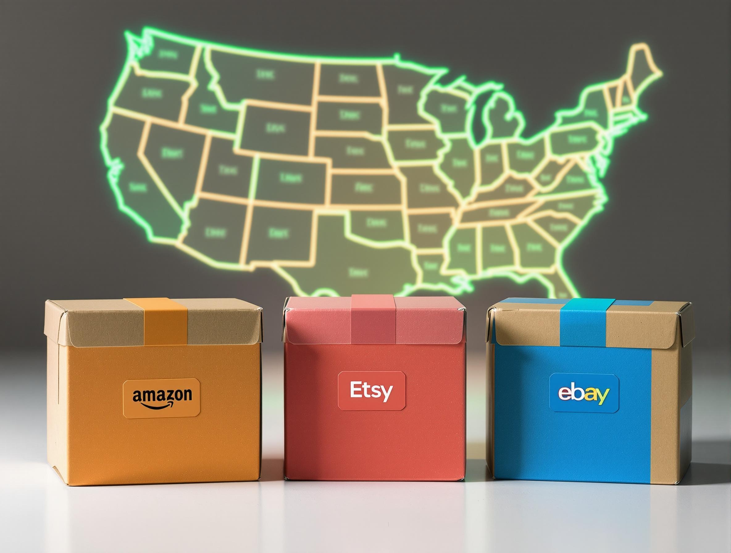Sales Tax Compliance LMarketplace delivery boxes in Amazon, Etsy, and eBay colors with glowing U.S. state maps behind them, representing state-wise tax compliance handled by platforms.