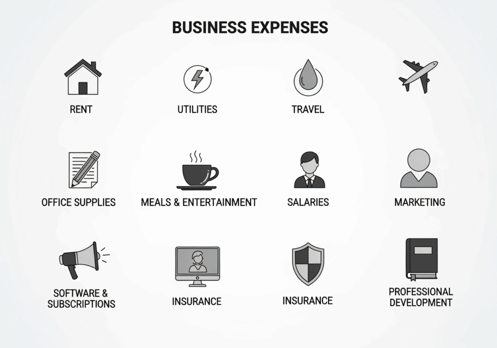 Infographic showing categorized examples of business expenses like rent, software, and travel.