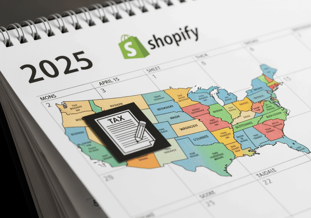 Calendar marked "2025" with a tax document icon and Shopify logo, zoomed-in on U.S. map highlighting different states