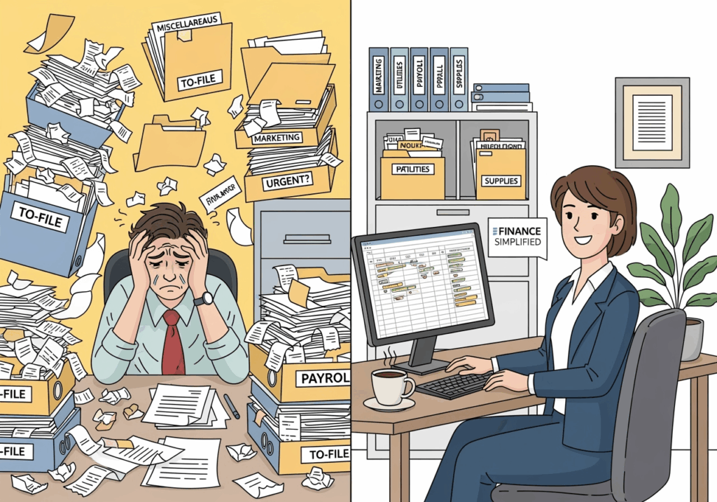 Comparison of messy vs organized bookkeeping habits to show the importance of proper expense classification.