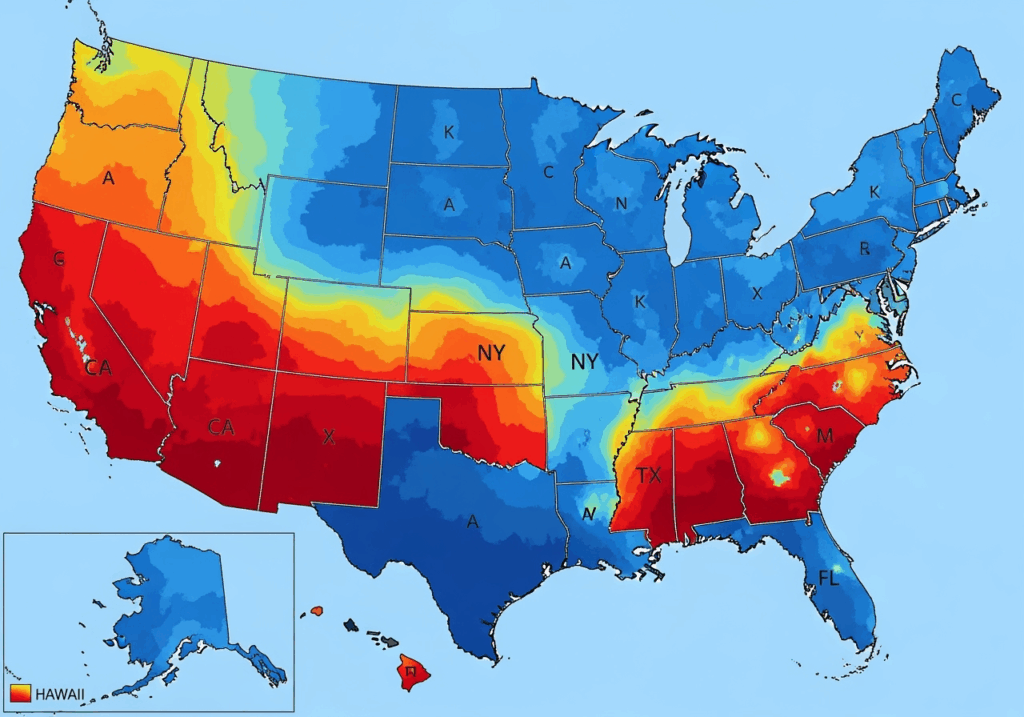 Heatmap of the USA showing aggressive states like CA, NY, TX, FL in red shades; others in lighter blue