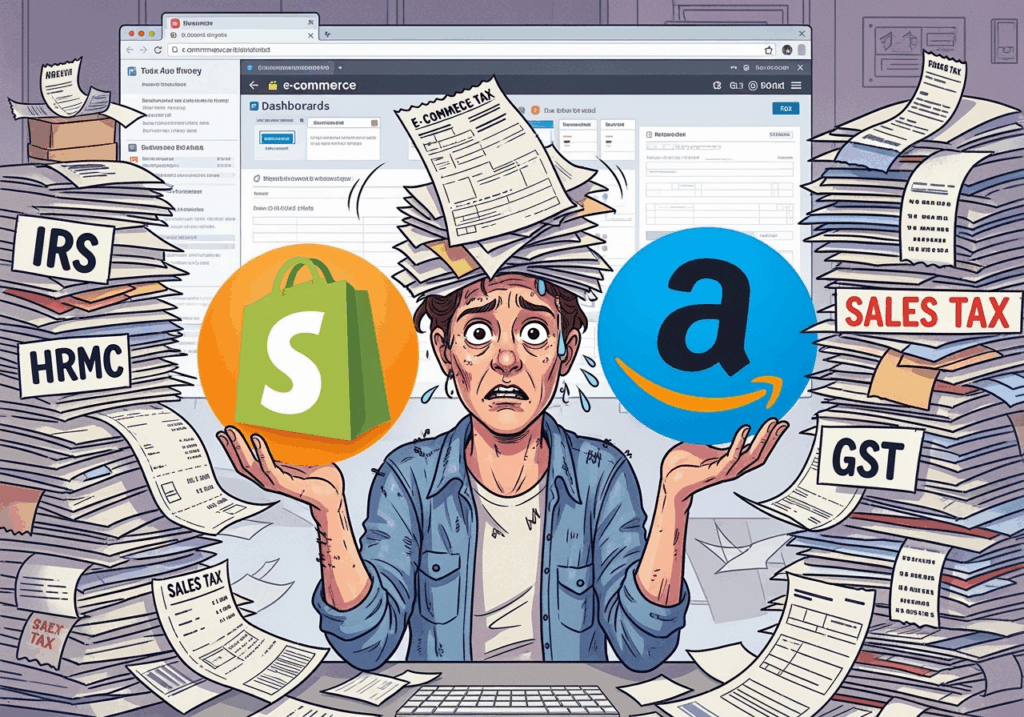 Illustration showing a confused seller juggling Shopify and Amazon logos, and piles of tax forms
