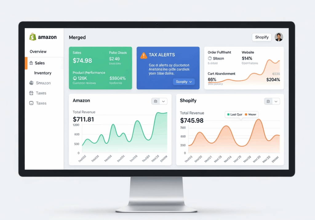 Dashboard screenshot or mockup showing Amazon + Shopify data merged on one screen with tax alerts