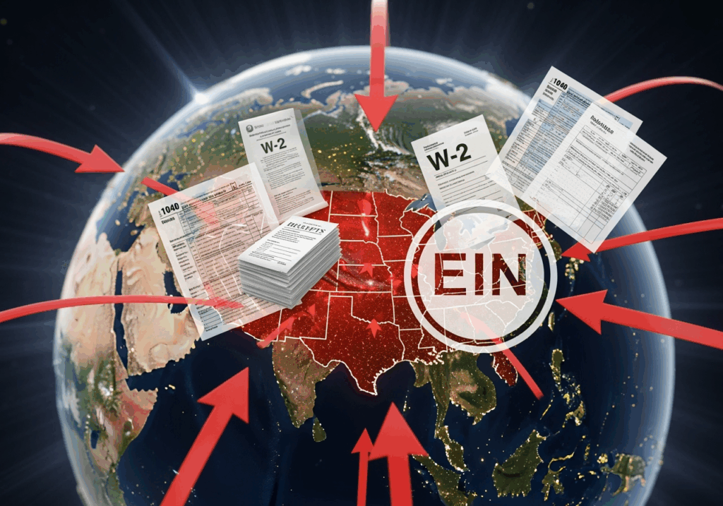 Global globe with arrows pointing to the U.S., tax documents and EIN symbol overlayed.