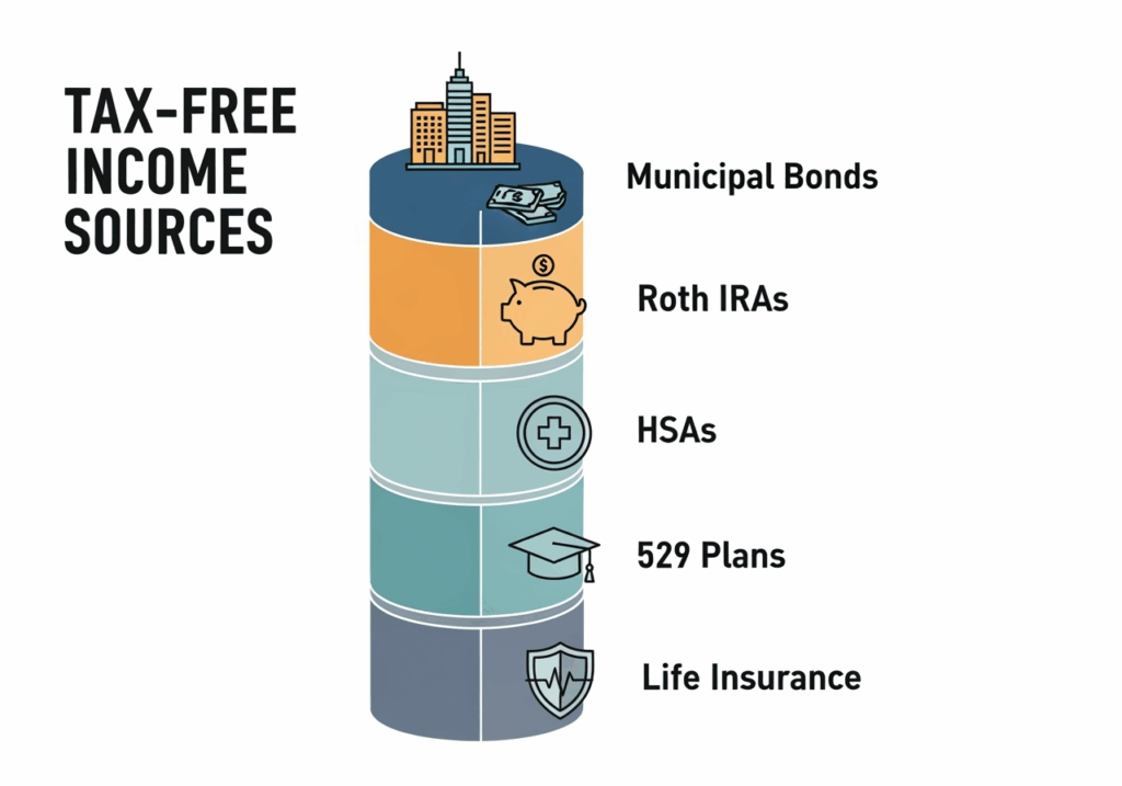 tax-free investment incomeInfographic showing five types of tax-free income, including municipal bonds, Roth IRAs, and HSAs.