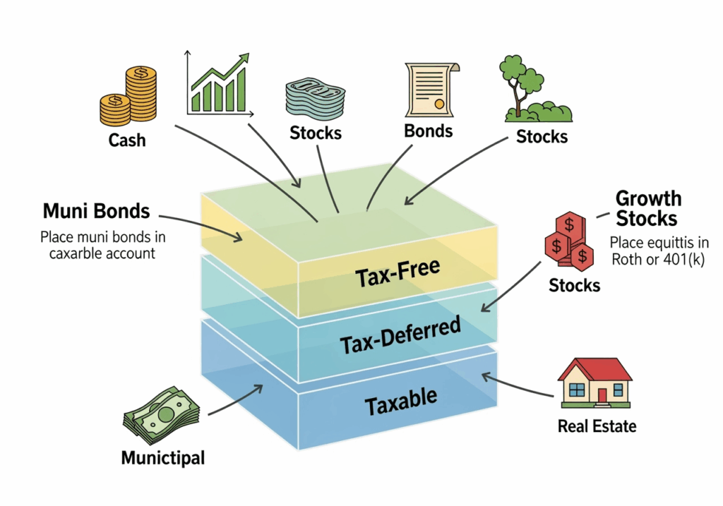 Diagram showing optimal placement of investments for tax efficiency across different account types.