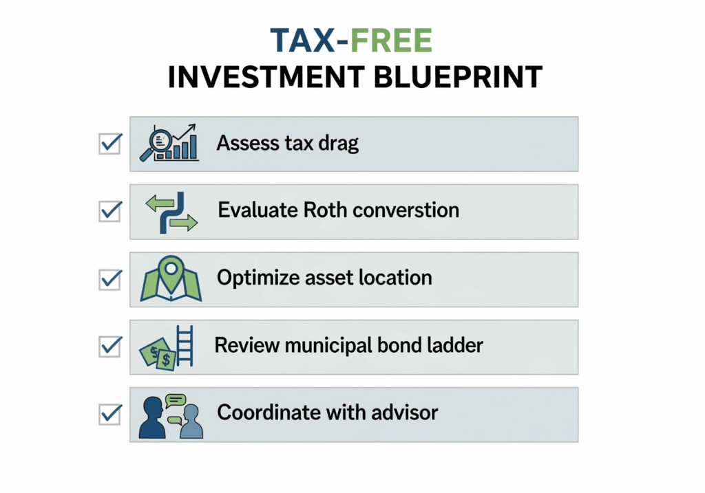 Checklist graphic with actionable steps for implementing tax free investment strategies.